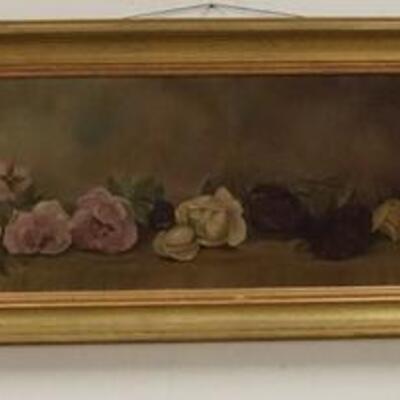 1173	UNSIGNED OIL ON CANVAS OF ROSES. 76 3/4 IN X 17 3/4 IN INCLUDING FRAME
