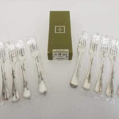 1018	CHRISTOFLE PARIS 12 8 1/4 IN DINNER FORKS, UNOPENED, SEALED IN BAGS, NEVER USED IN BOX
