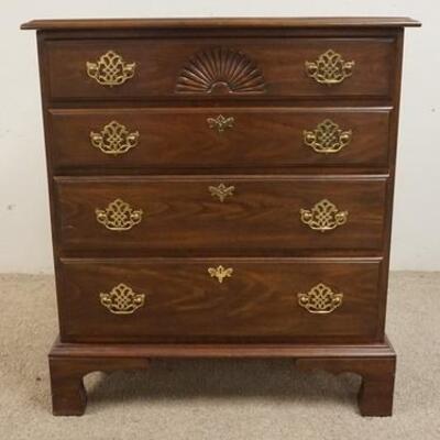 1212	HARDEN FOUR DRAWER CHEST ON HIGH BRACKET FEET AND SHELL CARVED CENTER ON TOP DRAWER. 32 IN W, 19 IN D, 35 IN H 
