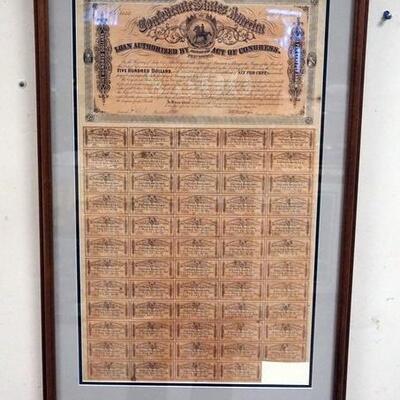 1059	CONFEDERATE FIVE HUNDRED DOLLAR LOAN DOCUMENT FRAMED, FIFTEEN DOLLAR NOTE MISSING. 21 1/2 IN X 33 IN
