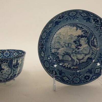 1078	HISTORICAL BLUE HANDLESS CUP & SAUCER, UNDERPLATE 5 3/4 IN , BOWL 2 1/2 IN
