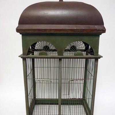 1138	ANTIQUE VICTORIAN BIRD CAGE WITH GALVINIZED METAL TOP AND DOUBLE DOORS, 33 1/2 IN HIGH X 18 IN WIDE X 11 IN DEEP. MISSING BOTTOM TRAY
