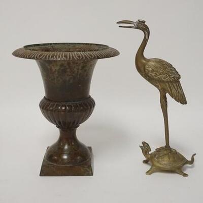 1289	BRASS URN & STATUE	BRASS URN & STATUE OF A CRANE ON A TURTLE. TALLEST IS 10 3/4 IN H 

