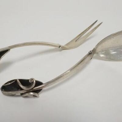 1029	SILVER FORK AND SPOON WITH CURVED LEAF AND BALL HANDLE, TOUCH MARKS, 7 IN LONG
