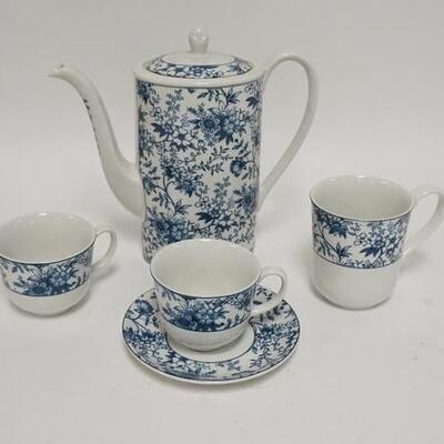 1261	FIVE PIECES OF JOHNSONS BROS BLUE DECORATED CHINA. COFFEE POT IF 9 IN H 
