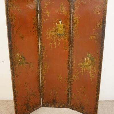 1219	THREE PART FOLDING SCREEN W/ AN ASIAN DESIGN DECORATED ON BOTH SIDES. EACH PANEL IS 16 3/4 IN W, 65 IN H 
