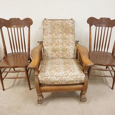 1306	GROUP OF 3 CHAIRS, CLAW FOOT MORRIS CHAIR & 2 OAK PRESS BACK CHAIRS
