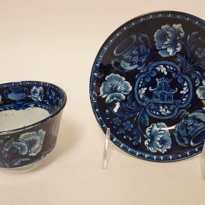 1075	HISTORICAL BLUE STAFFORDSHIRE HANDLESS CUP & SAUCER, CLEWS SAUCER, 5 3/4 IN, CUP 2 1/2 IN HIGH
