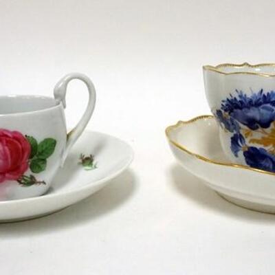 1033	2 MEISSEN CUPS AND SAUCERS WITH FLORAL DECORATIONS, LARGEST IS 3 1/2 IN HIGH
