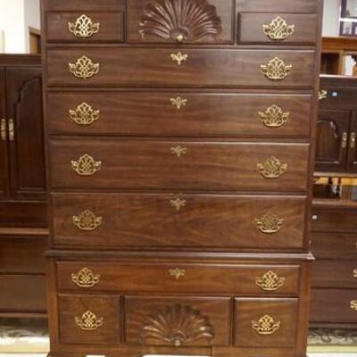 1214	HARDEN WALNUT HIGHBOY ON QUEEN ANNE LEGS. 11 DRAWERS TWO ARE SHELL CARVED. 39 IN W, 18 IN D, 84 IN H 
