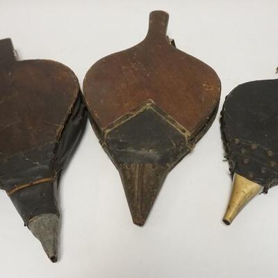 1254	GROUP OF THREE ANTIQUE BELLOWS, BLADDERS ARE GOOD. LARGEST IS 20 IN L 
