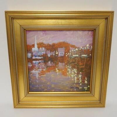1065	OIL PAINTING ON BOARD SIGNED, ABSTRACT SHORE SCENE, 11 1/2 IN X 11 1/2 IN OVERALL
