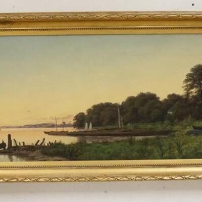 1172	ANTIQUE OIL ON CANVAS OF A SHORE SCENE, SIGNED LOWER RIGHT. 60 IN X 26 1/2 IN INCLUDING FRAME
