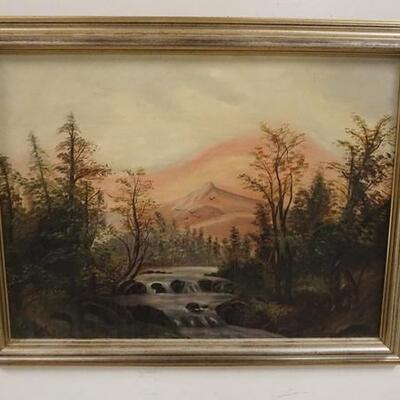 1174	ANTIQUE OIL ON CANVAS OF LANDSCAPE SUNSET W/ MOUNTIAN STREAM. 27 1/2 IN X 21 3/4 IN INCLUDING FRAME
