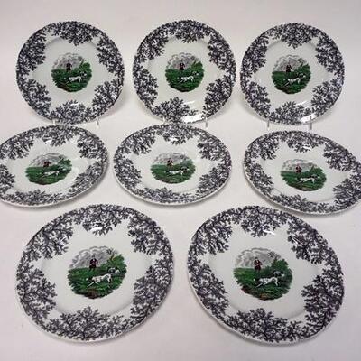 1146	COPELAND SPODE MULTI COLOR HUNT SCENE PLATESS, GROUP OF EIGHT 9 IN WITH BLACK MARK
