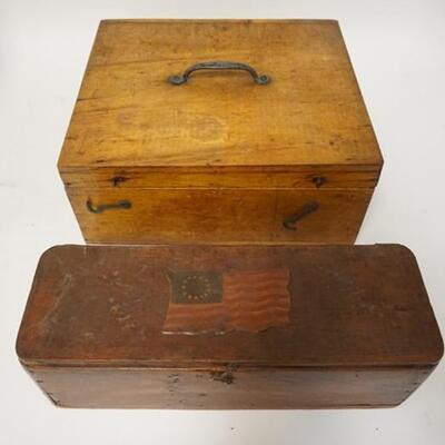 1257	TWO WOODEN BOXES. ONE HAS AN EARLY FLAG ON TOP AND IS MARKED PHILADELPHIA. LARGEST IS 13 1/2 IN X 11 IN, 6 IN H 
