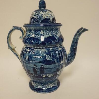 1086	HISTORICAL BLUE STAFFORDSHIRE TALL TEAPOT, CHIPS ON LID, 12 IN
