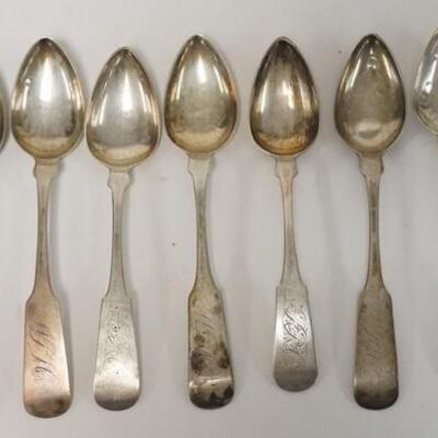 1244	7 C REEVES COIN SILVER TEASPOONS W/ HALLMARKS. 3.61 TROY OUNCES. 6 IN L 
