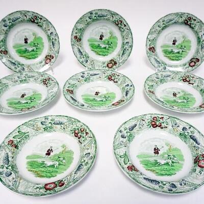 1144	COPELAND SPODE MULTI COLOR HUNT SCENE BOWLS, GROUP OF EIGHT 7 1/2 IN WITH GREEN MARK
