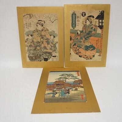 1266	3 JAPANESE WOODBLOCK PRINTS	GROUP OF 3 JAPANESE WOODBLOCK PRINTS LARGEST IMAGE IS 14 1/2 IN X 9 1/2 IN 
