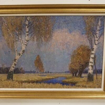 1170	ALFRED LAUTH OIL ON CANVAS OF A LANDSCAPE W/ WHITE BICH TREES. HAS RESTORATION. 46 1/2 IN X 34 1/2 IN INCLUDING FRAME
