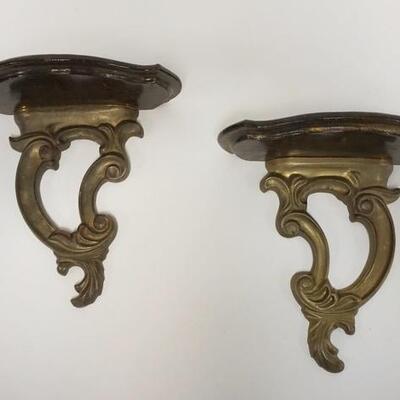 1046	PAIR OF ART NOUVEAU WALNUT AND BRASS WALL SHELVES, 10 IN X 10 IN
