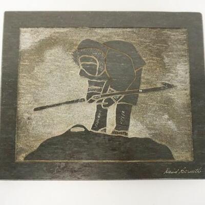 1137	ESKIMO CARVED STONE PLAQUE OF A FISHERMAN WITH A SPEAR, SIGNED DAVID BERNETT, 10 IN X 12 1/4 IN
