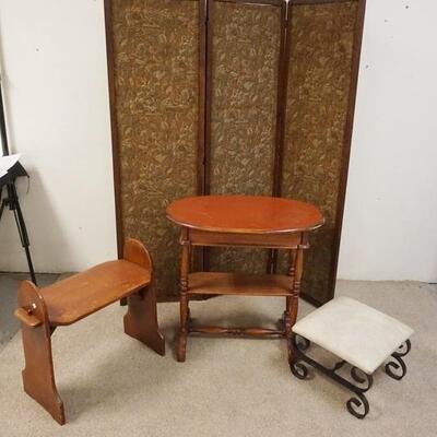 1308	4 PIECE FURNITURE LOT, 3 PART FOLDING SCREEN, VICTORIAN BEDROOM TABLE, MAPLE STAND & IRON BASE STOOL, FABRIC ON SCREEN HAS DAMAGE
