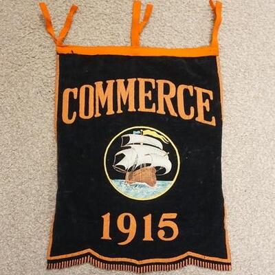 1135	1915 COMMERCE BANNER WITH A SAILING SHIP AND BEADED LETTERING AND EDGE, 19 1/2 IN X 15 1/2
