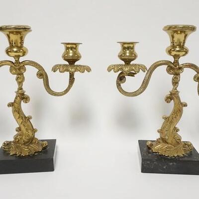 1136	PAIR OF BRASS DOLPHIN CANDELABRA ON MARBLE BASES, 10 1/2 IN HIGH
