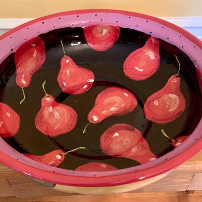 Droll Designs Hand Painted Ceramics one of a kind, Beautiful very large bowl with red pears inside and green leafs outside. Perfect...