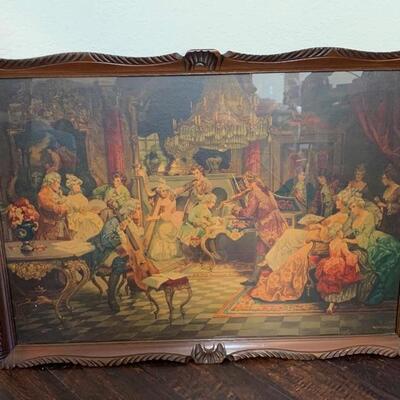 This is a colonial renaissance period themed painting. The wood is in good condition and has a very decorative design to it. 38x27x2...