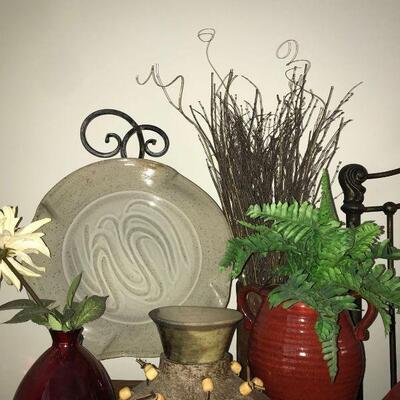 Decorative stoneware decor includes multiple vases and large plate with stand. https://ctbids.com/#!/description/share/947246