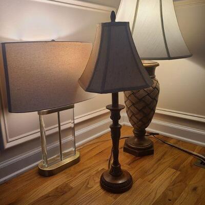 All three lamps are in good condition. Woven lamp base lamp measures 35