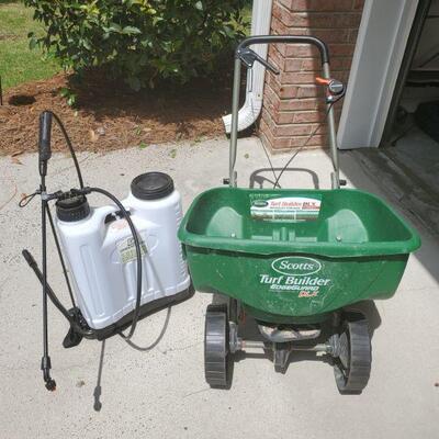 Scotts Turf Builder DLX Lawn spreader with adjustable dial is in excellent condition. Greenwood 4 gallon backpack sprayer can be used to...