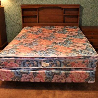 Queen bed with Headboard, Box Springs, Mattress and bed rails