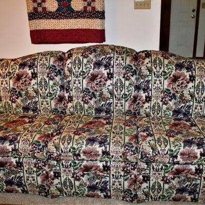 Nice "Royalty" sofa features a tapestry fabric and is in great condition.