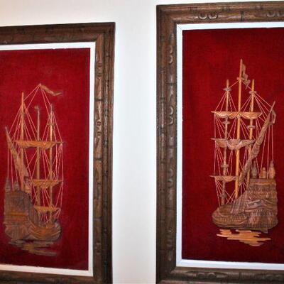 Large hand carved ship framed artwork.