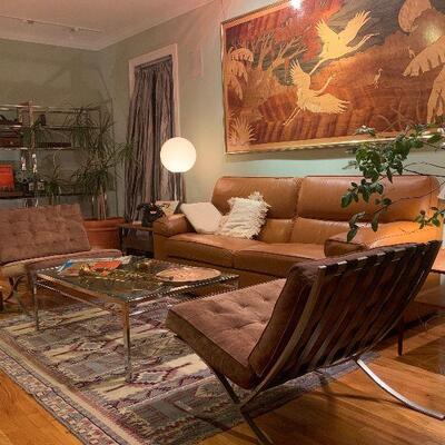 Barcelona chairs from 1960's by Selig, helped popularize Scandinavian furniture in U.S.