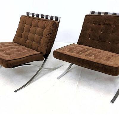 Original brown suede cushions, these  Barcelona-style lounge chairs had to have been been treated well to still look this good.