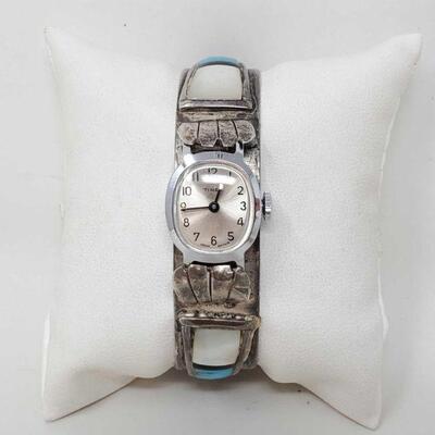 #1556 • Sterling Silver Watch With Mother Of Pearl, Turquoise, Black Onyx, And Coral Inlay, 40g