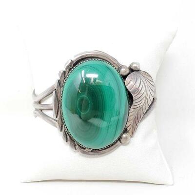 #1520 • Sterling Silver Cuff With Large Malachite Stone, 54.9g