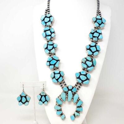 #1490 â€¢ Ella Peter Sterling Silver And Turquoise Squash Blossom With Matching Earrings
