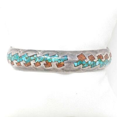 #1552 • Sterling Silver Cuff With Turquoise And Coral Inlay, 20.1g