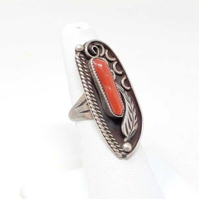 #1536 • Sterling Silver Ring With Coral Stone, 8g


