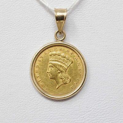 #1012 â€¢ 1856 Large Indian Head Gold Dollar- .900 Gold W/ 14k Gold Pendant, 2.5g

