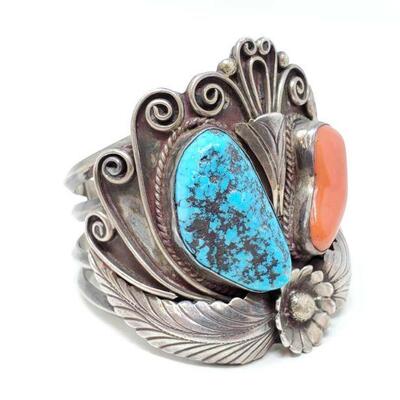 #1506 â€¢ Sterling Silver Cuff With Coral And Turquoise Stones, 95g