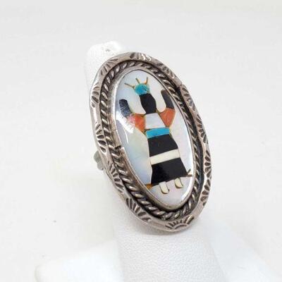 #1530 • Native American Sterling Silver Ring With Mother Of Pearl, Coral, And Turquoise Inlay, 11.8g