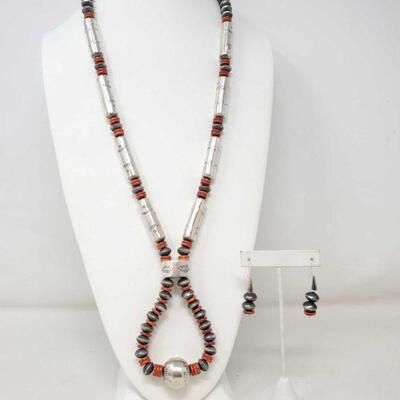 #1505 â€¢ Sterling Silver and Coral Beaded Necklace