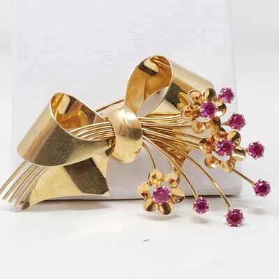 #1174 â€¢ 14k Gold Bow Pin with Rubies, 12.3g